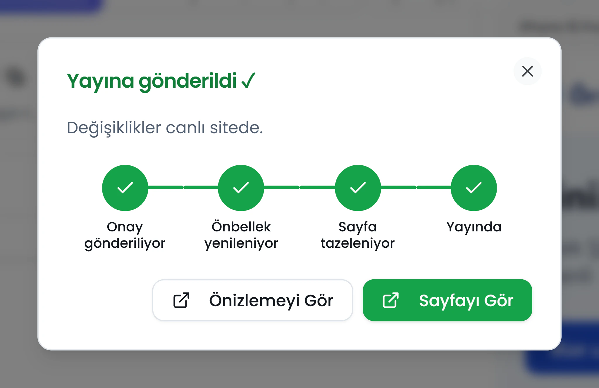 Onay ilerleme penceresi — onay gönderiliyor, önbellek yenileniyor, yayında