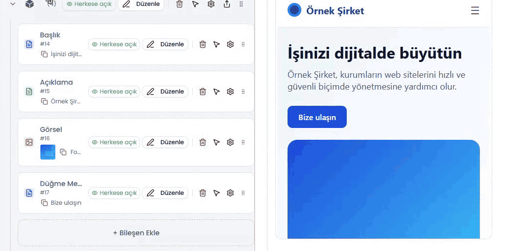 Ağaçta Sayfada seç'e tıklandıkça önizlemede Başlık, Açıklama, Görsel ve Düğme Metni alanlarının sırayla vurgulanması