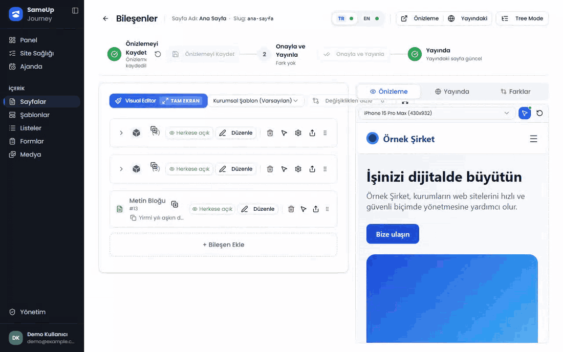 Önizlemede başlığa tıklanınca araç çubuğu açılıyor; Düzenle ile Başlık alanının düzenleyicisi açılıyor