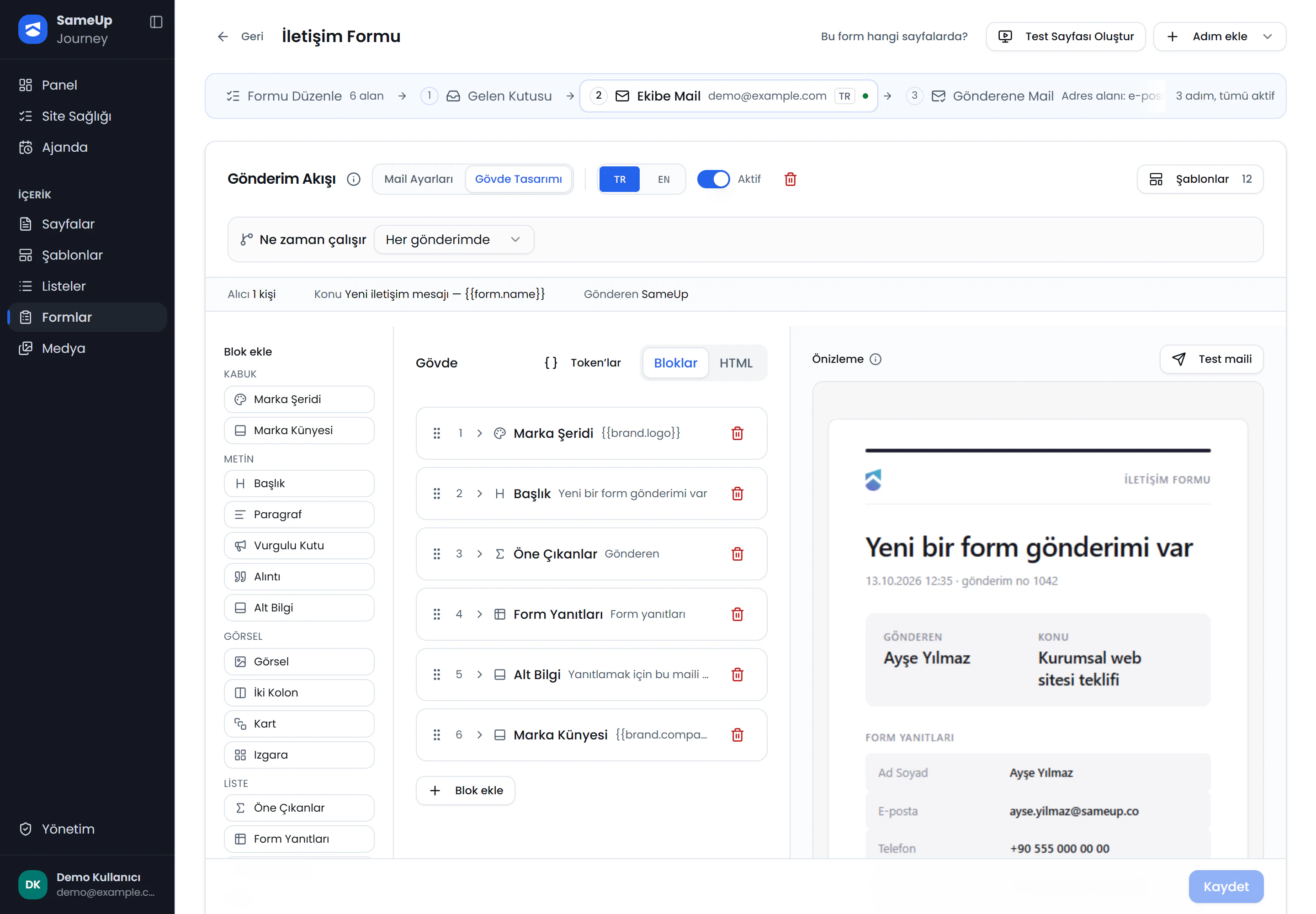 Gönderim Akışı — e-posta adımı ve gövde tasarımı
