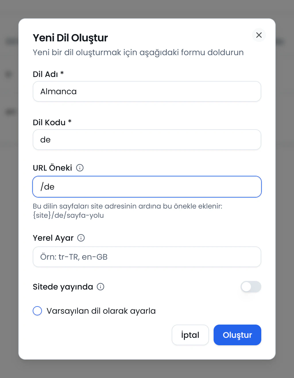 Yeni Dil Oluştur penceresi