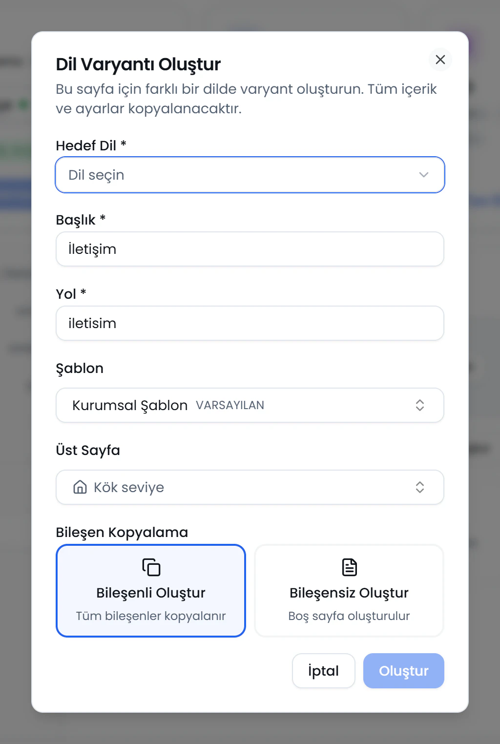 Dil Varyantı Oluştur penceresi
