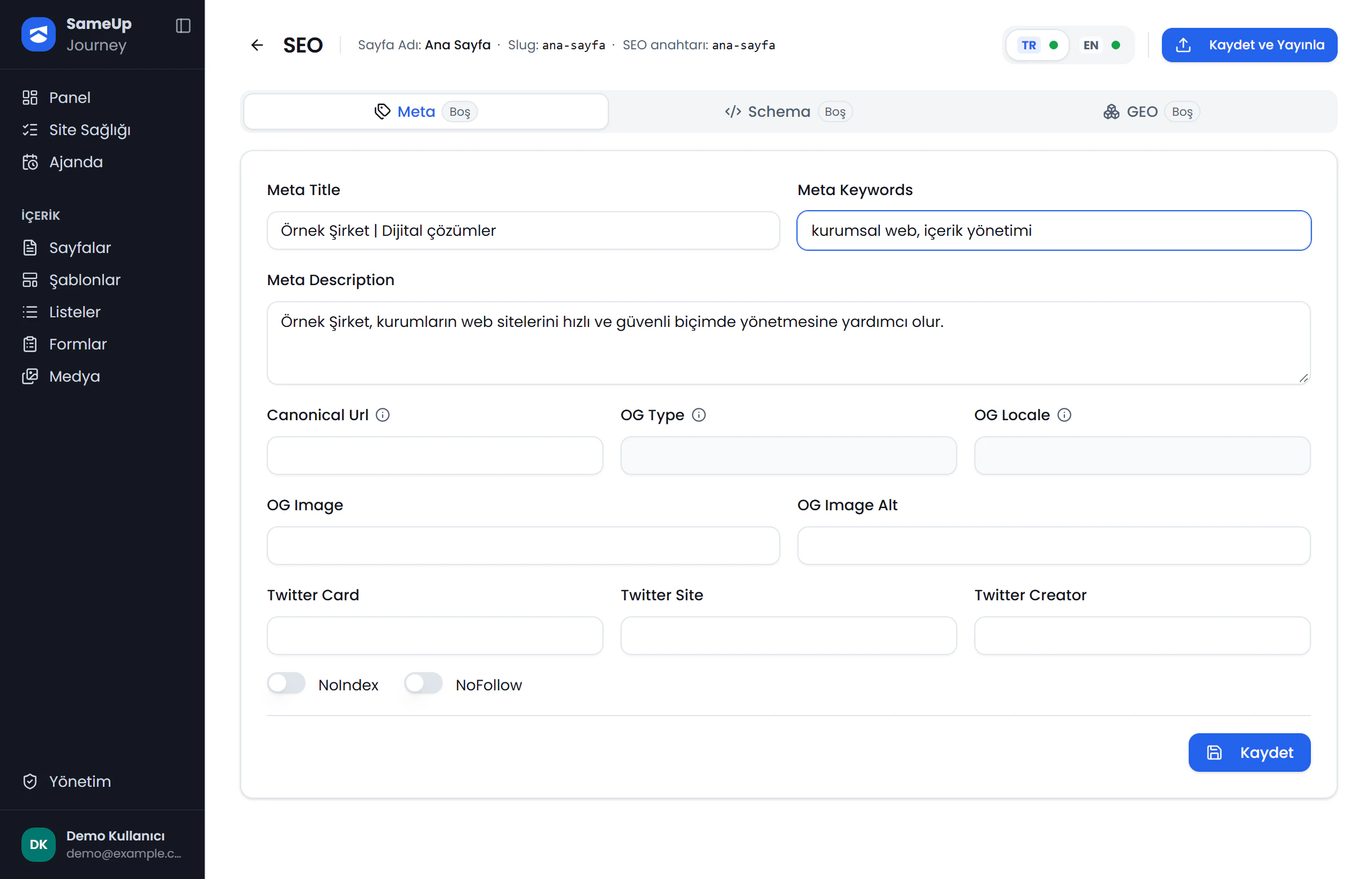 SEO ekranı — dil, katman sekmeleri ve Meta alanları